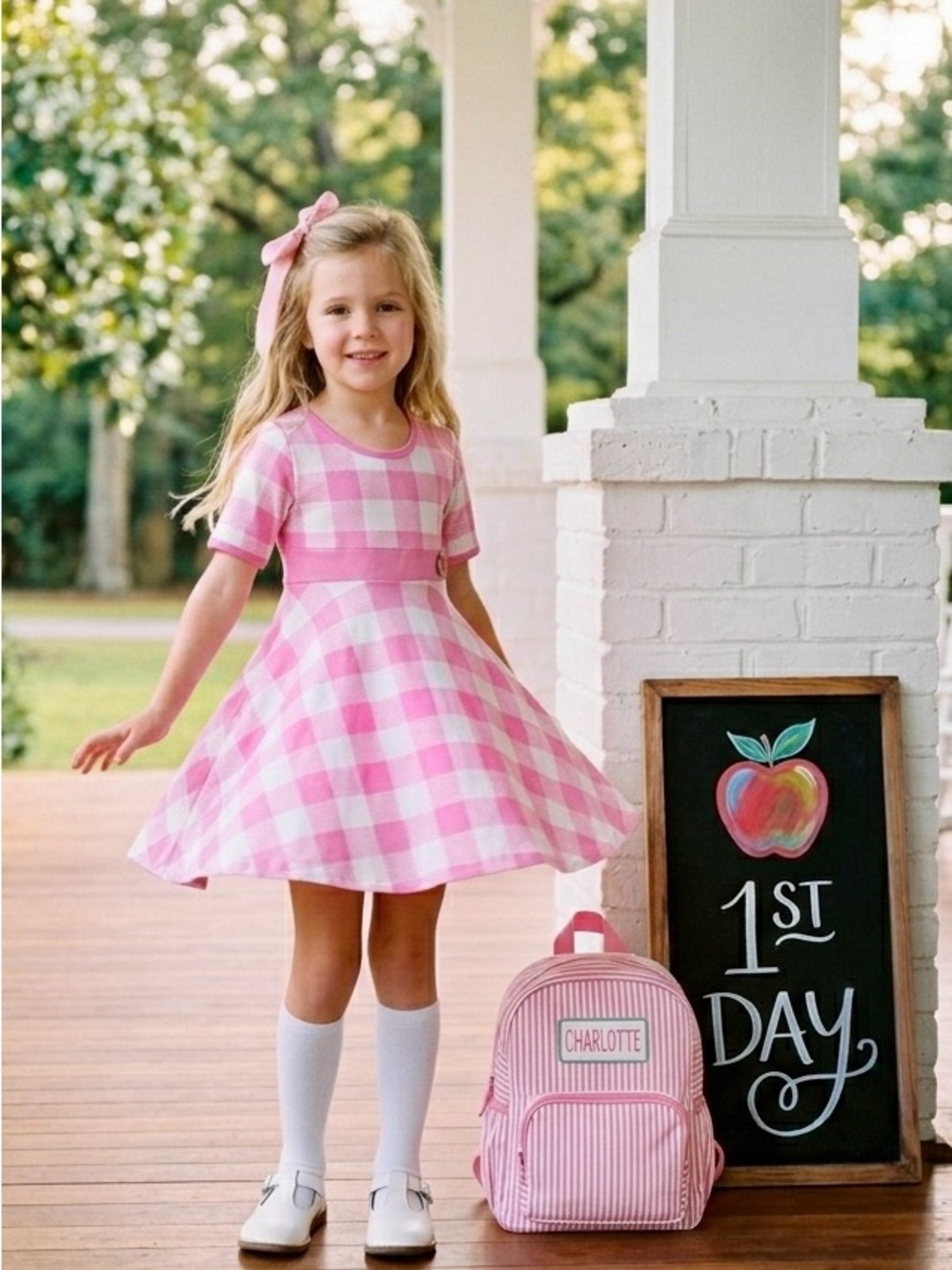 Girls Back to School Plaid Checkered Dress Pink Preppy girls twirl dress pockets
